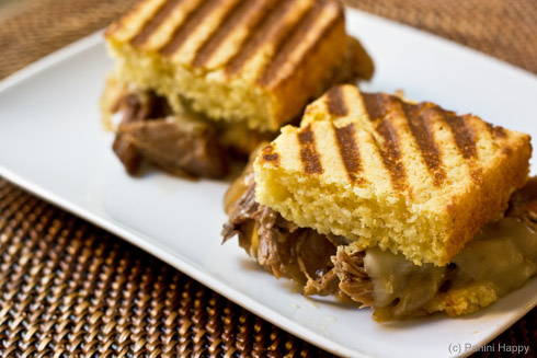 Pulled Pork Cornbread Panini with Caramelized Onions and Pepper Jack