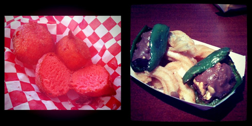 Deep Fried Kool-Aid and Baby Ruth-Stuffed Fried Jalapenos over Churros