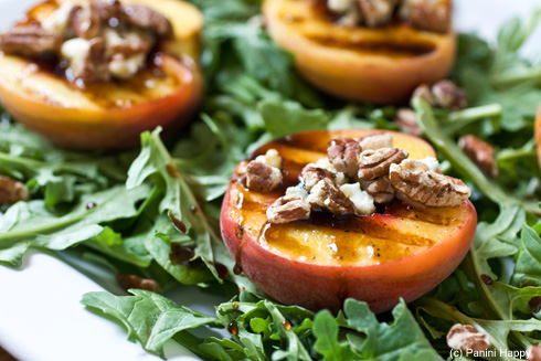 Grilled Peach Salad with Toasted Pecans, Blue Cheese and Honey Balsamic Syrup