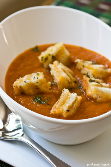 Grilled Tomato Soup with Grilled Cheese Croutons