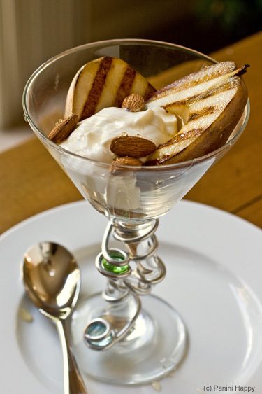 Grilled Pears with Honey-Whipped Greek Yogurt and Toasted Almonds