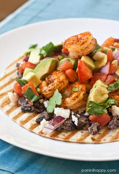 Grilled Shrimp Tostadas with Mashed Black Beans and Avocado Salsa Fresca ...get the #recipe at www.paninihappy.com (c) Kathy Strahs