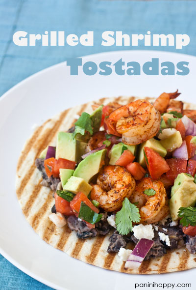 Grilled Shrimp Tostadas with Mashed Black Beans and Avocado Salsa Fresca ...get the #recipe at www.paninihappy.com (c) Kathy Strahs