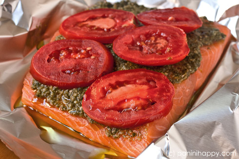 Foil-Grilled Salmon with Pesto and Tomatoes ...get the #recipe at www.paninihappy.com (c) Kathy Strahs