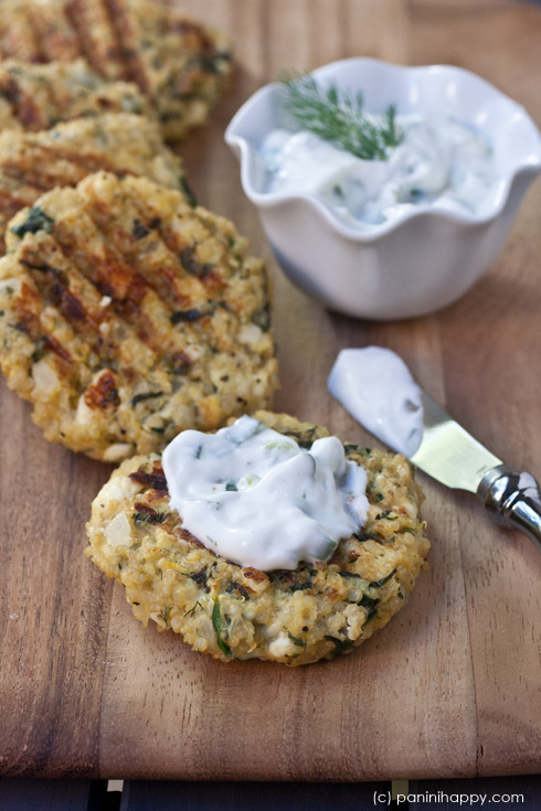 Spinach Feta Quinoa Cakes with Lemon-Dill Yogurt Sauce ...get the #recipe at www.paninihappy.com (c) Kathy Strahs